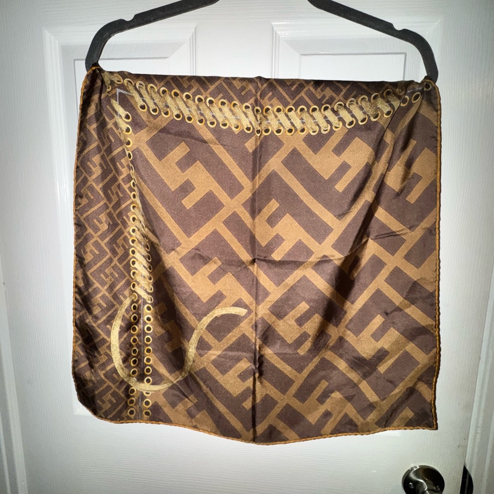Fendi Brown and Tan FF Logo Silk Scarf